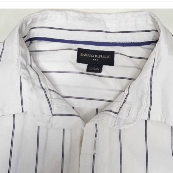 Banana Republic Shirt L Cotton White Navy Stripe Button Front Long Sleeve Pocket - Picture 4 of 9
